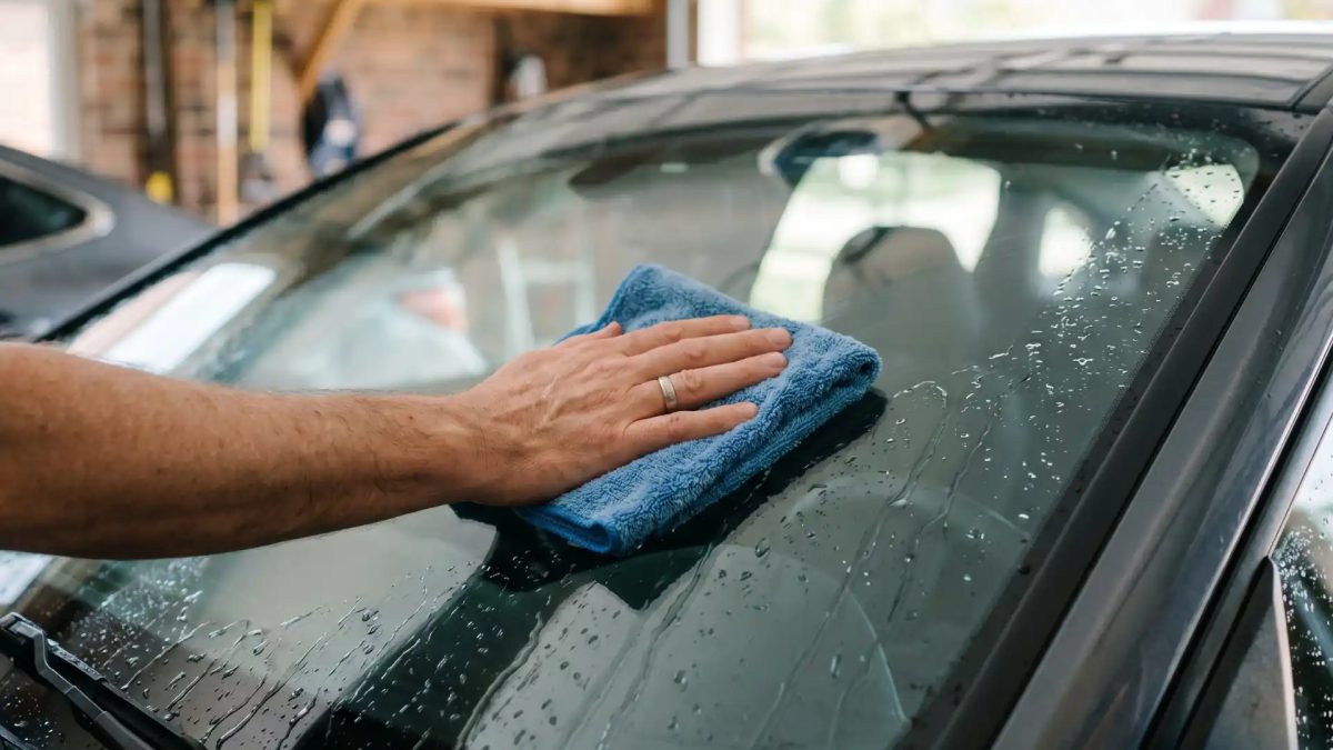 Pessoa passando pano de microfibra azul no para-brisa de um carro, limpando a superfície com gotas de água visíveis.