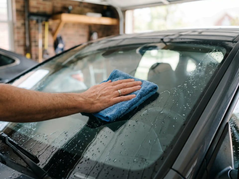 Pessoa passando pano de microfibra azul no para-brisa de um carro, limpando a superfície com gotas de água visíveis.