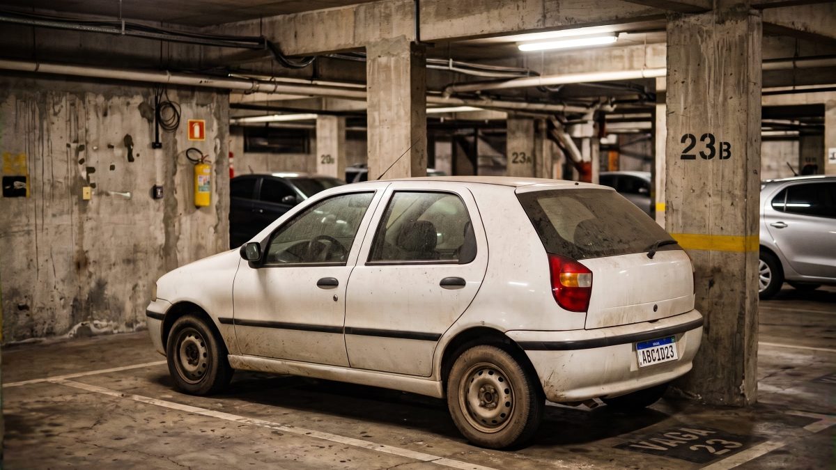 Fiat Palio branco parado em vaga de estacionamento coberto de prédio residencial, com poeira acumulada na pintura indicando longo período sem uso.