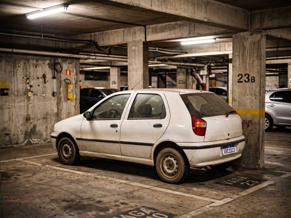 Fiat Palio branco parado em vaga de estacionamento coberto de prédio residencial, com poeira acumulada na pintura indicando longo período sem uso.