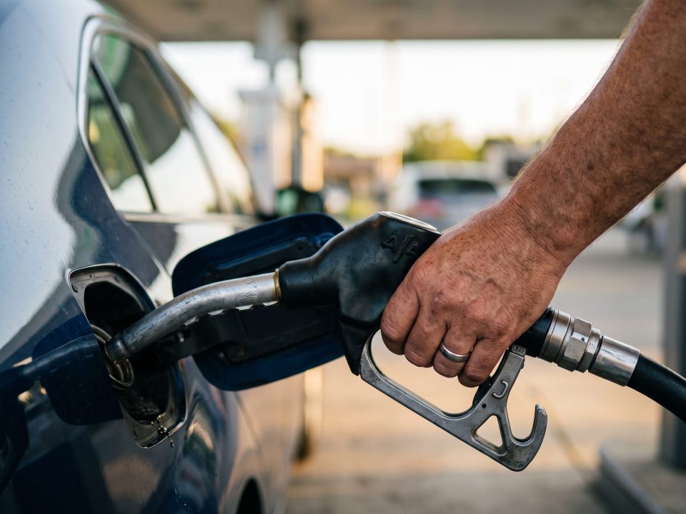 Foto de uma mão masculina segurando o bico da bomba de combustível durante o abastecimento de um carro em um posto de gasolina.