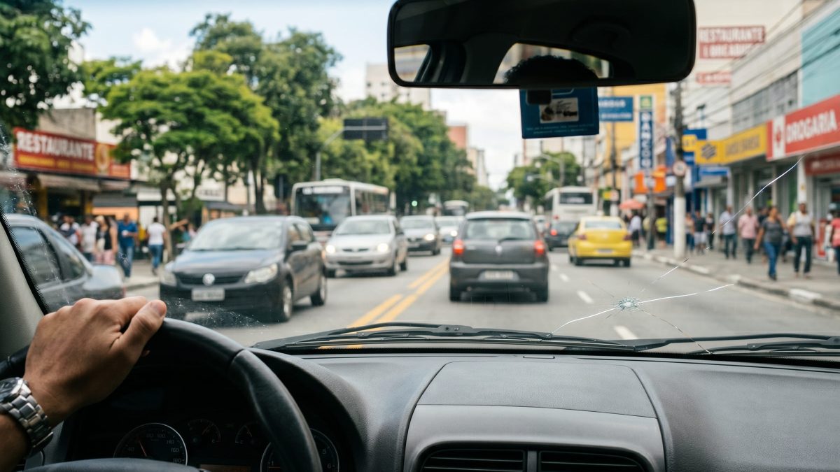 Para-brisa de carro com trinca visível causada por impacto, vista de dentro do veículo