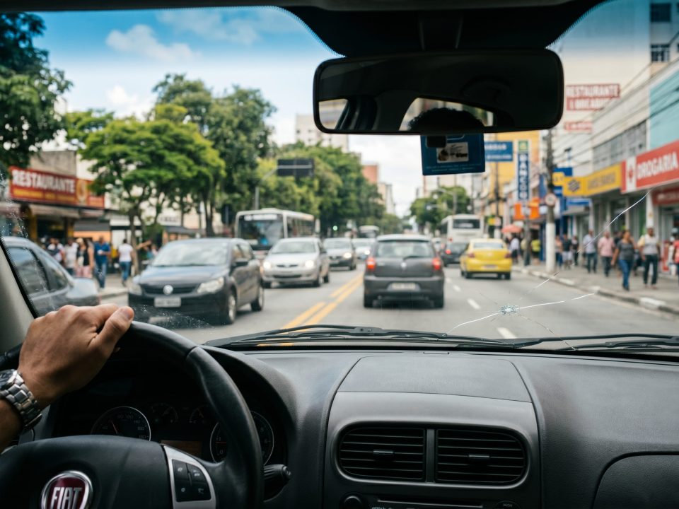 Para-brisa de carro com trinca visível causada por impacto, vista de dentro do veículo