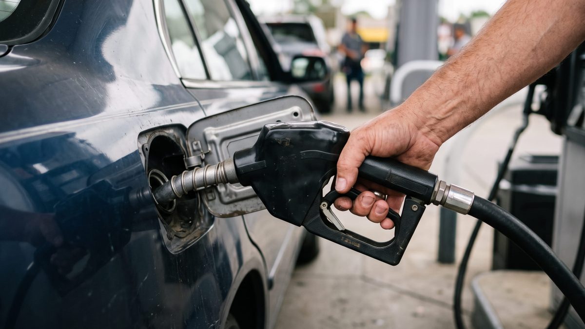 Mão segurando bico de combustível inserido no bocal de um carro azul em posto de gasolina.