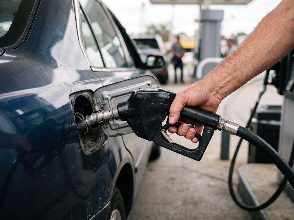 Mão segurando bico de combustível inserido no bocal de um carro azul em posto de gasolina.
