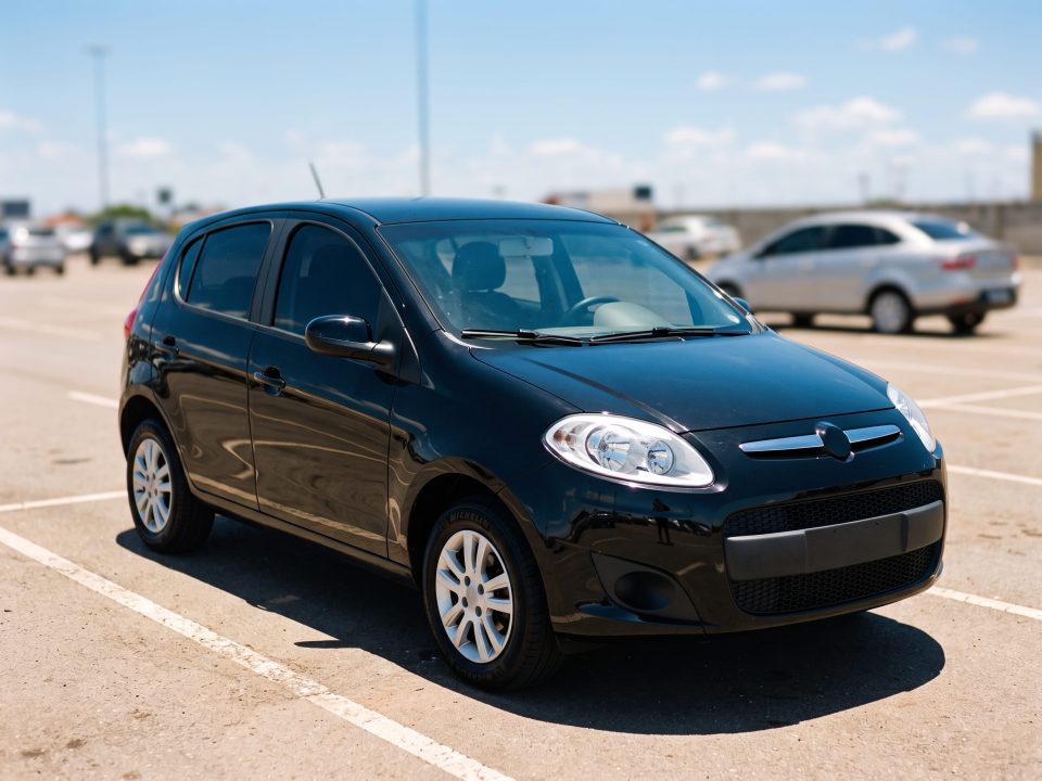 Fiat Palio preto estacionado sob sol forte em estacionamento aberto, com reflexo intenso na lataria.