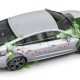 Ilustração do sistema de frenagem regenerativa em um carro, mostrando o fluxo de energia entre as rodas, o motor e a bateria.