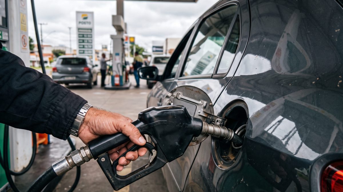 Homem abastecendo carro preto com bico de combustível em posto, com outros veículos desfocados ao fundo.