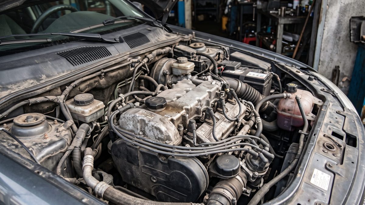 Vão do motor de um carro com o capô aberto, mostrando cabeçote, mangueiras, reservatório de fluido e bateria em ambiente de oficina.