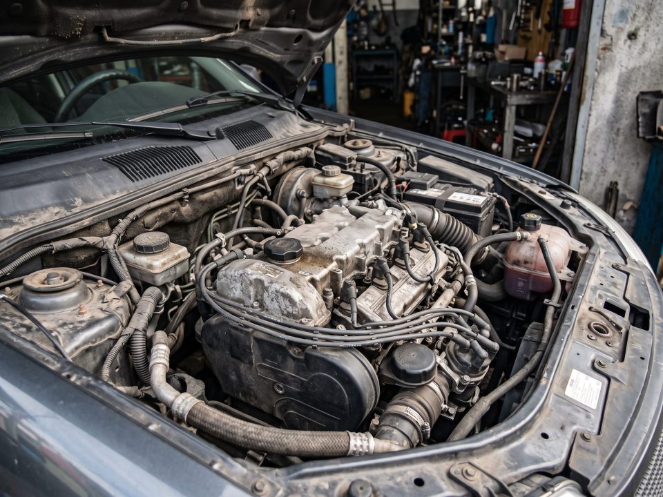 Vão do motor de um carro com o capô aberto, mostrando cabeçote, mangueiras, reservatório de fluido e bateria em ambiente de oficina.