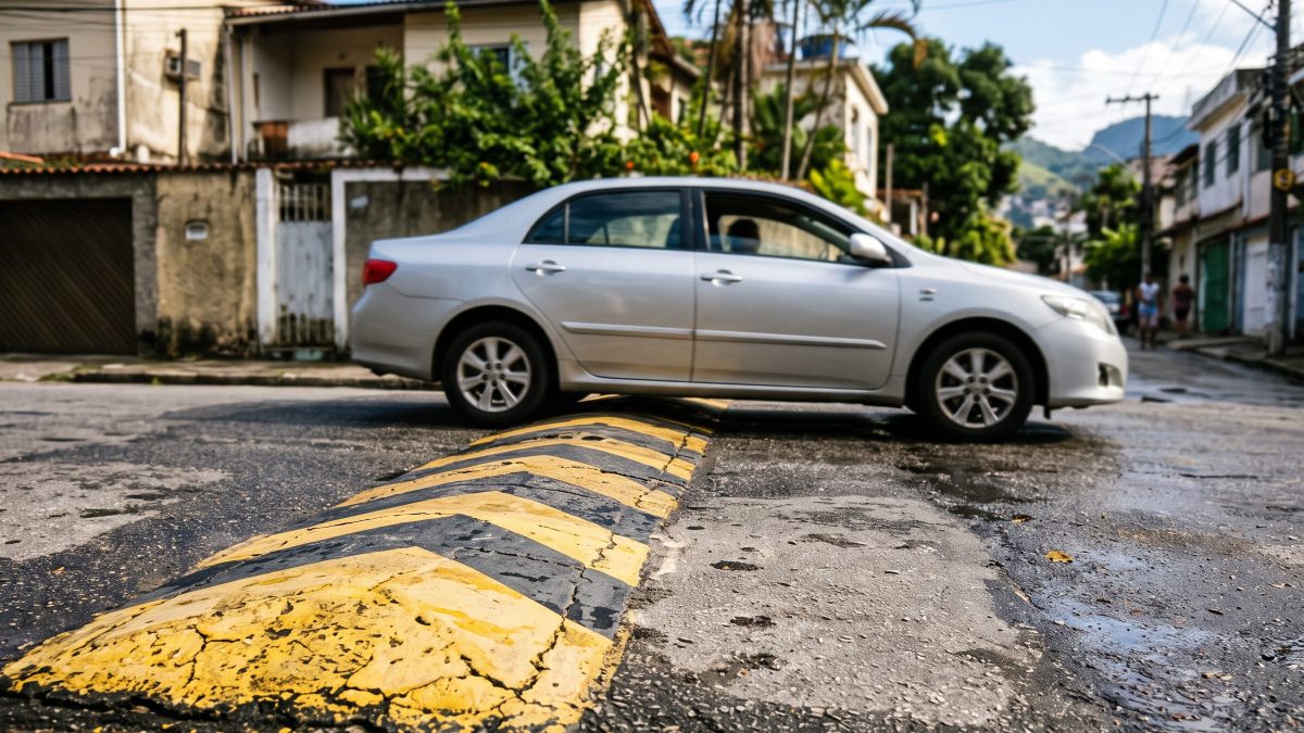 Carro prateado passando devagar sobre um quebra-molas sinalizado com faixas amarelas e pretas em rua residencial durante o dia.