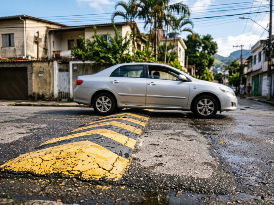 Carro prateado passando devagar sobre um quebra-molas sinalizado com faixas amarelas e pretas em rua residencial durante o dia.