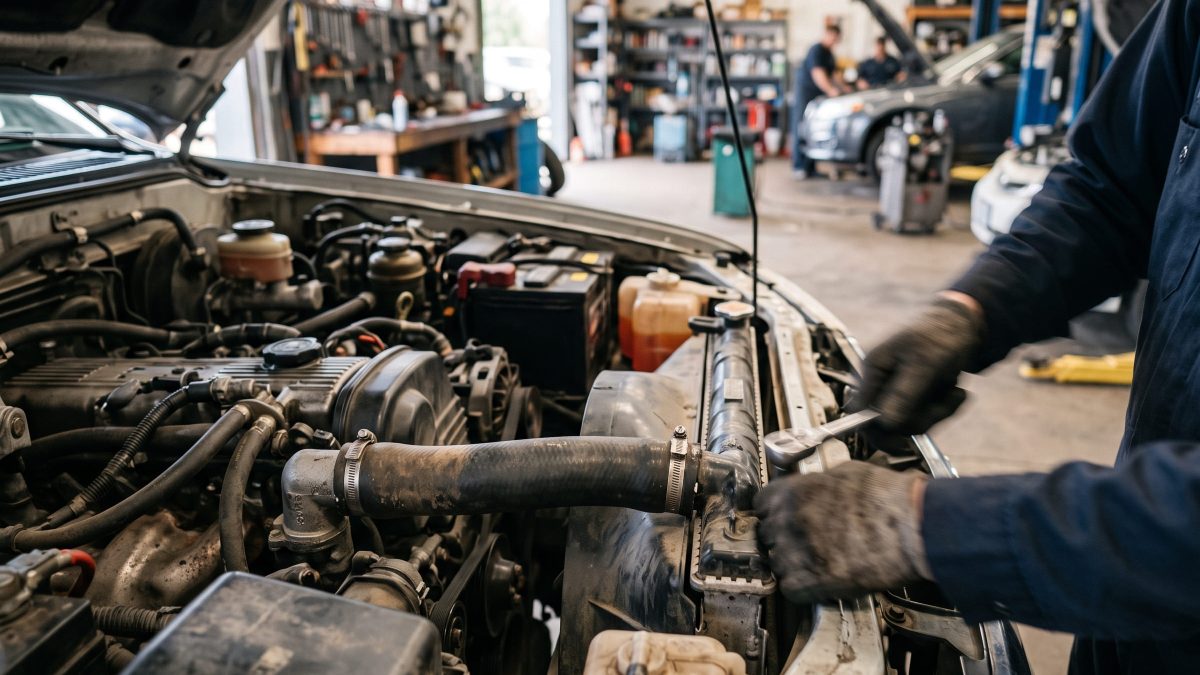 Mecânico realizando manutenção no sistema de arrefecimento do motor do carro