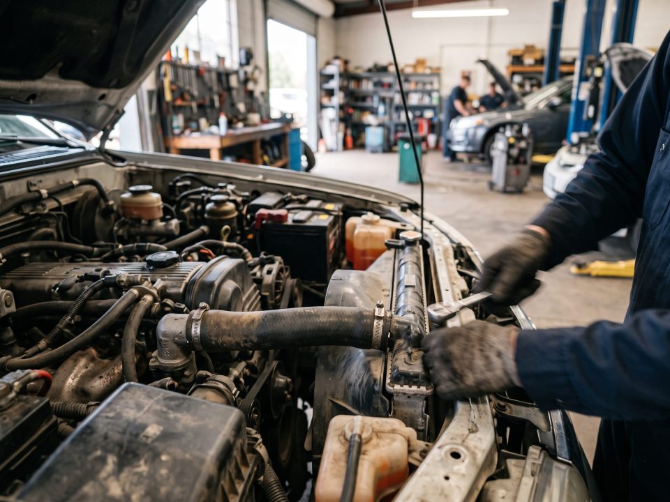 Mecânico realizando manutenção no sistema de arrefecimento do motor do carro