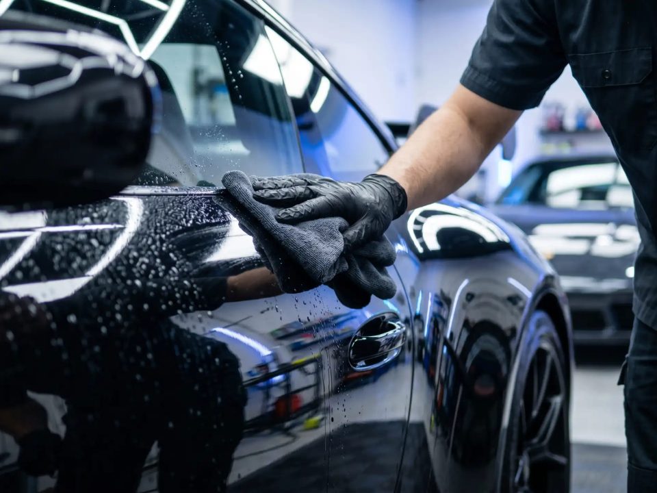 Profissional de estética automotiva com luvas pretas polindo a porta do motorista de um carro com pano de microfibra