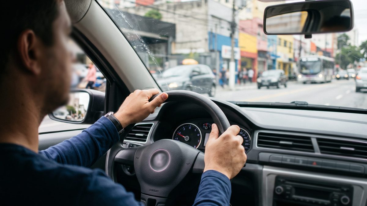 Motorista segurando o volante com as duas mãos enquanto dirige em uma rua movimentada de cidade, com prédios e comércio ao fundo.