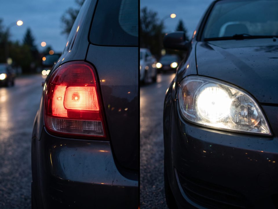 Imagem dividida mostrando a lanterna traseira vermelha acesa à esquerda e o farol dianteiro branco aceso à direita de um carro, ao entardecer.