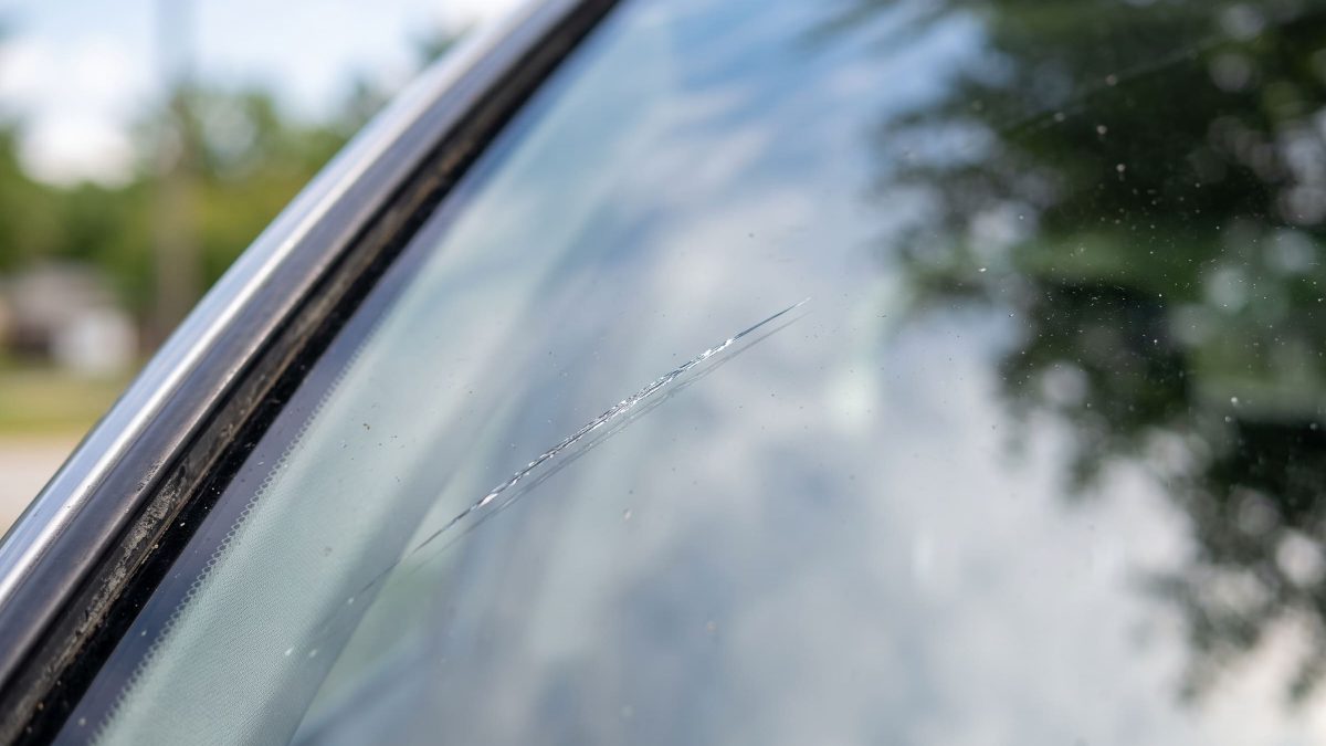 Arranhão fino e superficial bem à esquerda do para-brisa do carro, visto de fora em ângulo lateral.