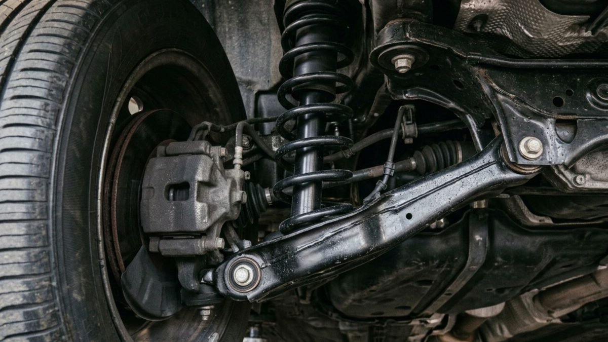 Amortecedor e mola de suspensão instalados na roda dianteira de um carro.