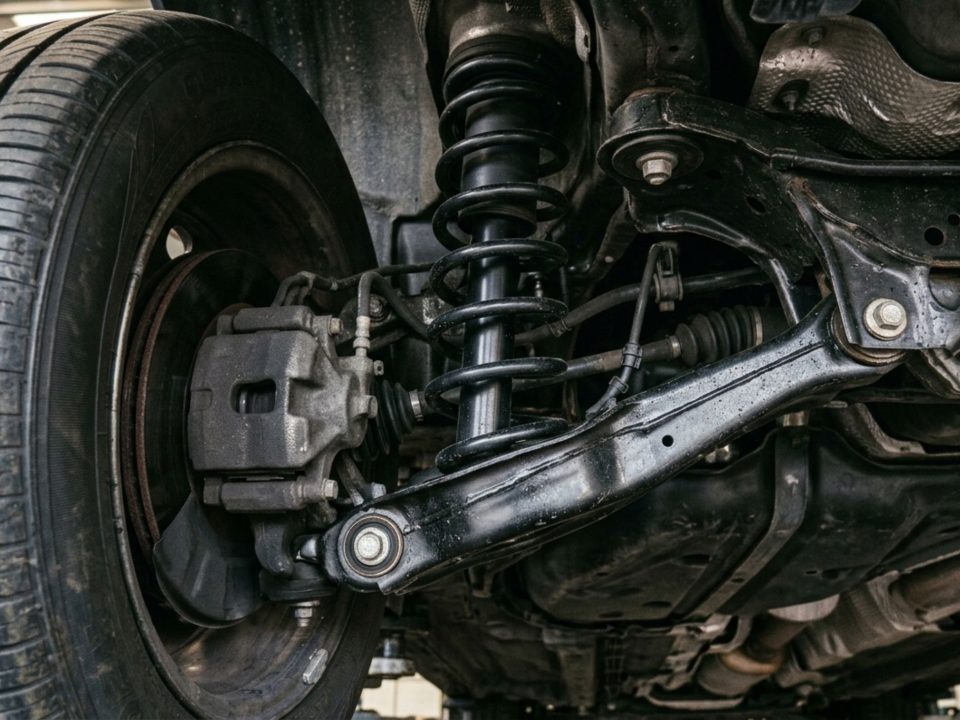 Amortecedor e mola de suspensão instalados na roda dianteira de um carro.