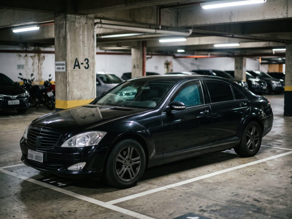 Carro blindado preto estacionado em vaga de garagem coberta de um prédio, com colunas de concreto e outros veículos ao fundo.