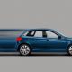Carro hatch azul em movimento com efeito de desfoque de velocidade, simulando um controle de estabilidade, sobre fundo cinza.