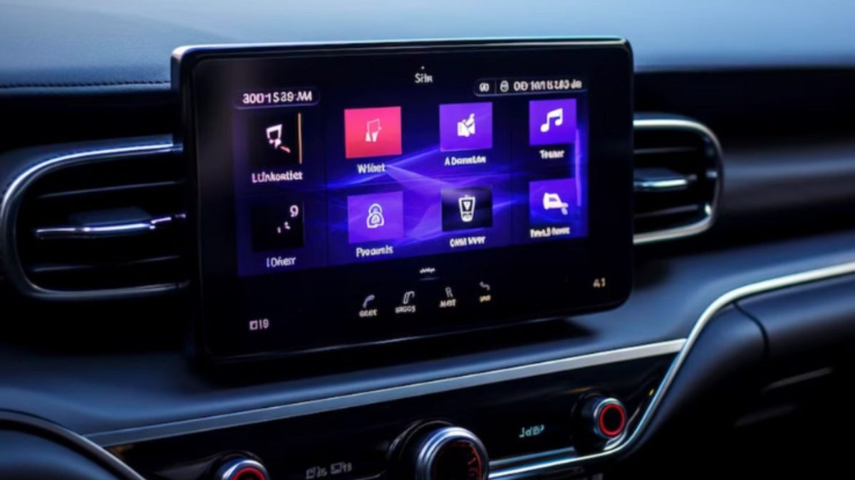 Detalhe do painel de um carro com tela de infotainment ativa entre as saídas de ar-condicionado.