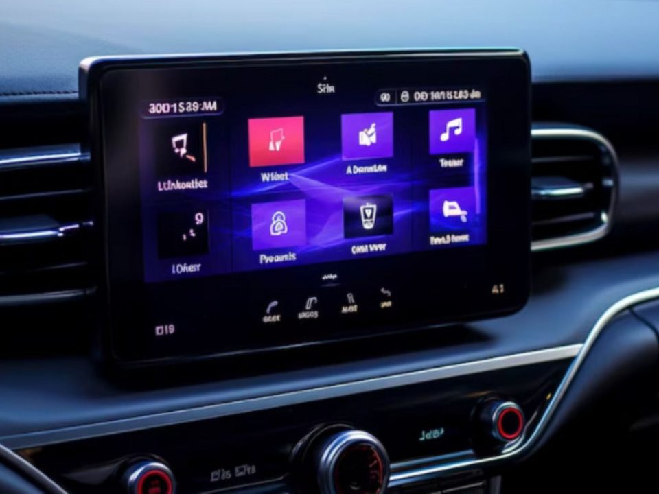 Detalhe do painel de um carro com tela de infotainment ativa entre as saídas de ar-condicionado.