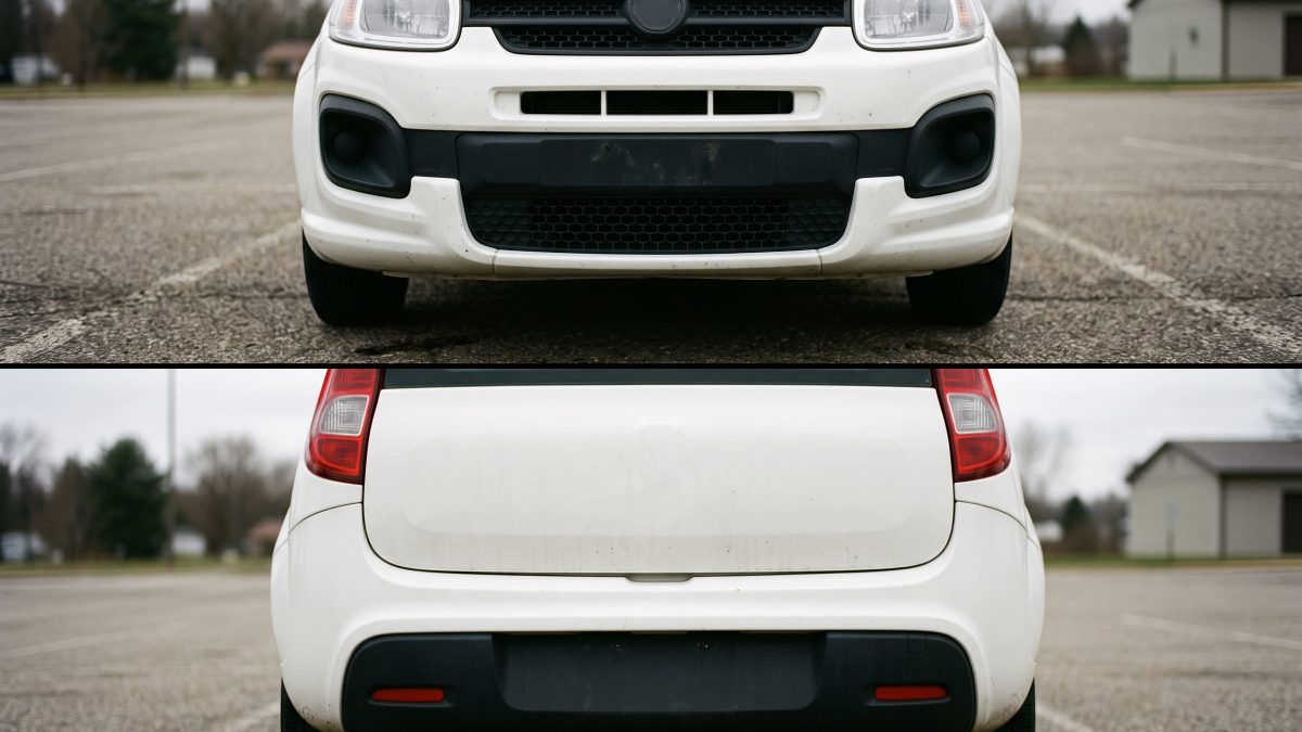 Comparação entre o para-choque dianteiro (acima) e o para-choque traseiro (abaixo) de um carro branco, vistos de frente.