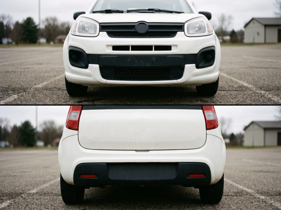 Comparação entre o para-choque dianteiro (acima) e o para-choque traseiro (abaixo) de um carro branco, vistos de frente.