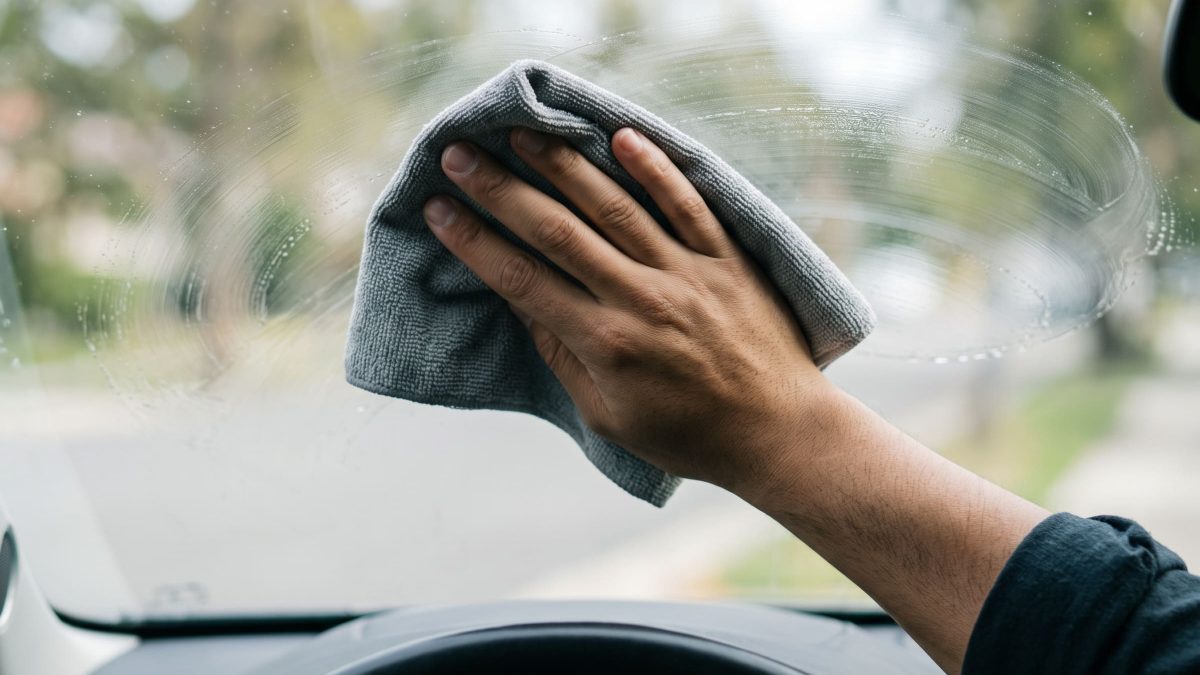 Mão limpando o para-brisa por dentro com pano de microfibra, vista de dentro do carro.