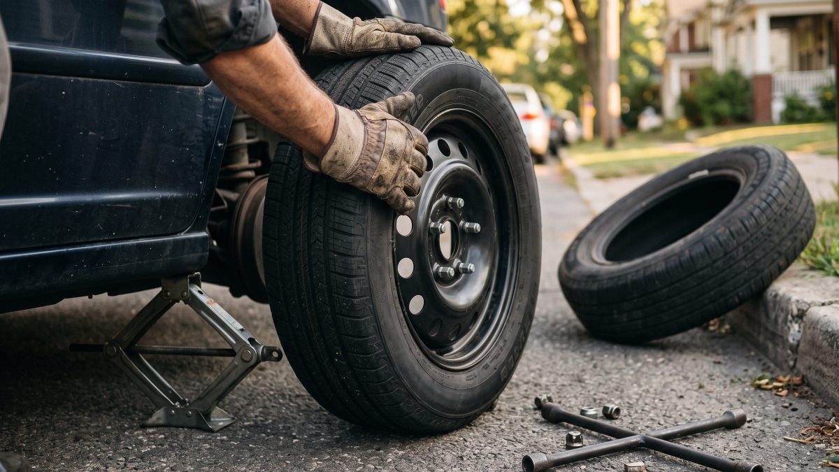 Mãos com luvas de trabalho encaixando um pneu na roda de um carro suspenso pelo macaco, com chave de roda e pneu velho ao lado.
