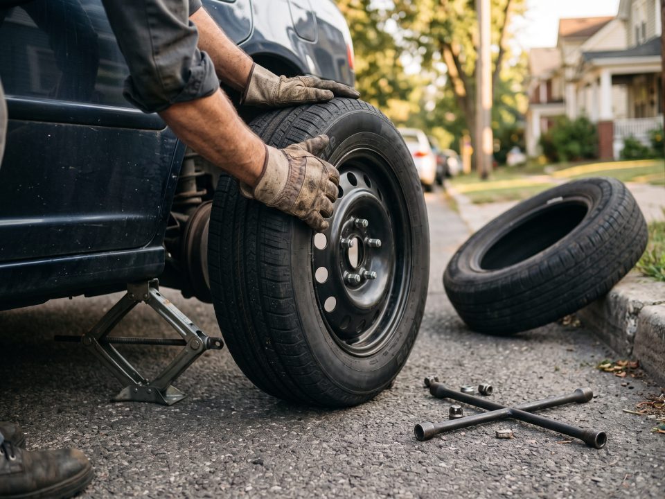 Mãos com luvas de trabalho encaixando um pneu na roda de um carro suspenso pelo macaco, com chave de roda e pneu velho ao lado.