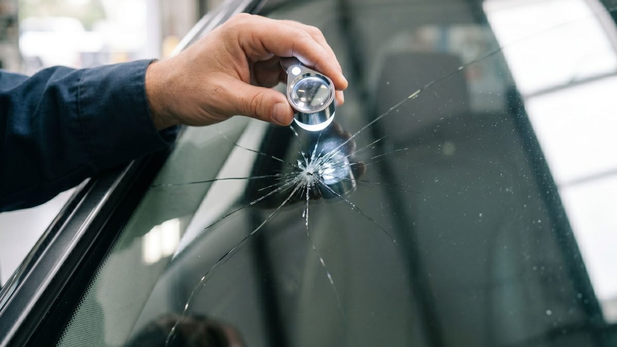 Mão segurando uma ferramenta de reparo/apontador de vidro enquanto acerta o centro da trinca no para-brisa de um carro.
