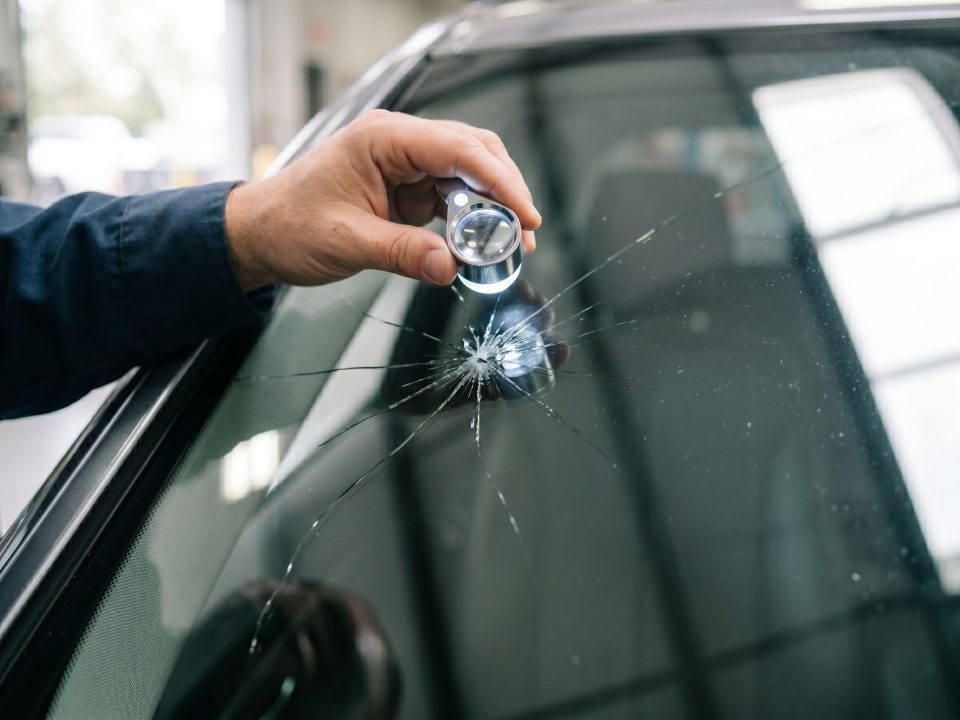 Mão segurando uma ferramenta de reparo/apontador de vidro enquanto acerta o centro da trinca no para-brisa de um carro.