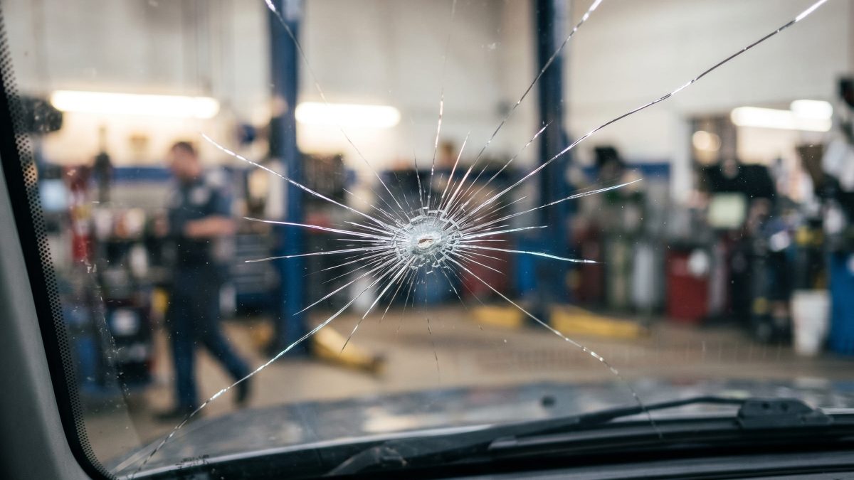 Para-brisa trincado em formato de estrela visto de dentro do carro, em oficina automotiva.
