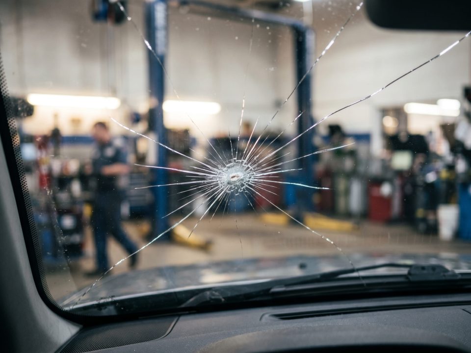 Para-brisa trincado em formato de estrela visto de dentro do carro, em oficina automotiva.