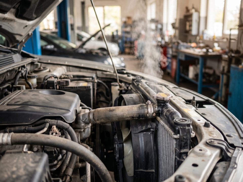 Radiador do carro com vapor saindo, indicando superaquecimento do motor.